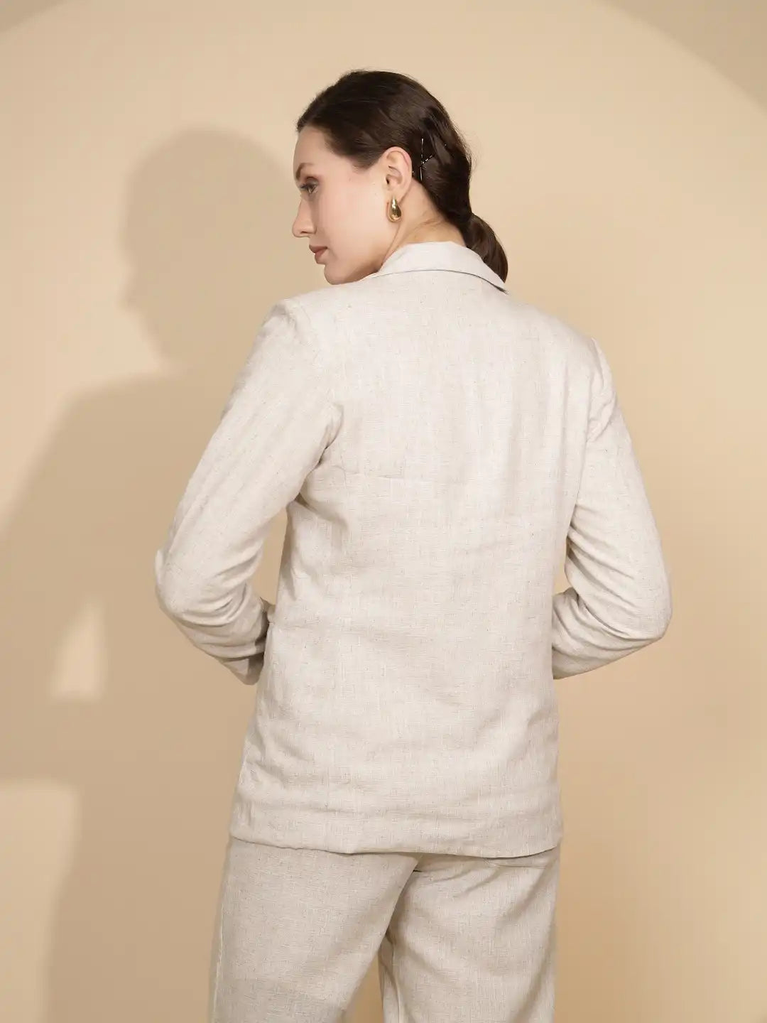 Natural Beige Linen Regular Fit Coat For Women