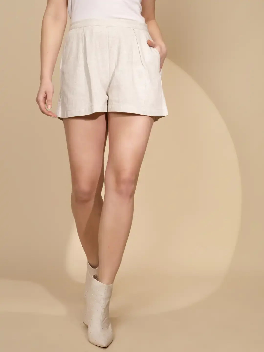 Beige Linen Regular Fit Shorts For Women