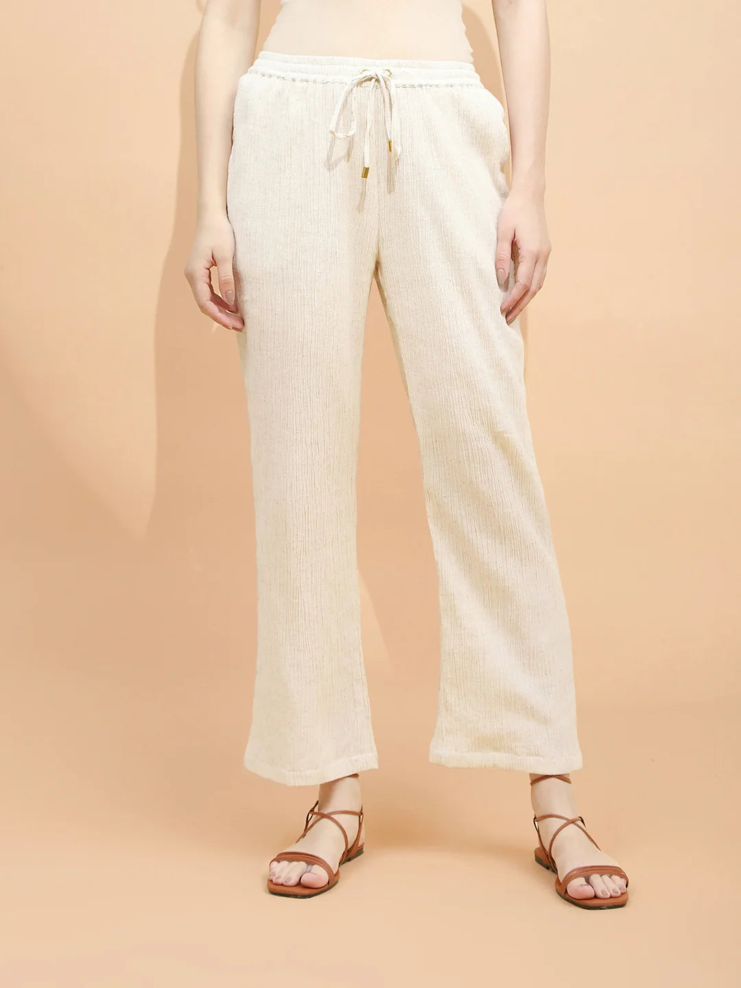 Natural Beige Linen Relaxed Fit Lower For Women - Global Republic