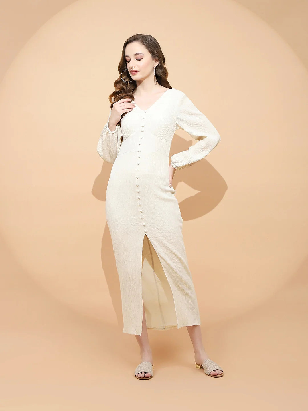 Natural Beige Cotton Slim Fit Dress For Women