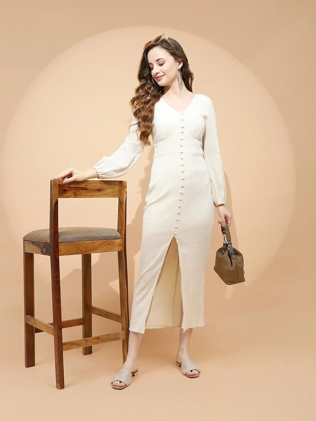Natural Beige Linen Slim Fit Dress For Women