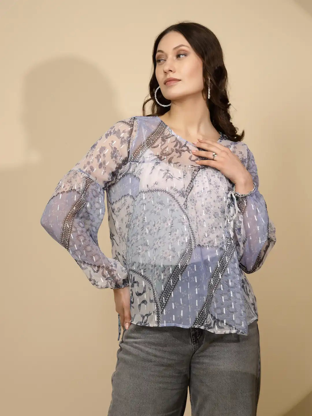 Light Blue Chiffon Regular Fit Blouson Top For Women - Global Republic