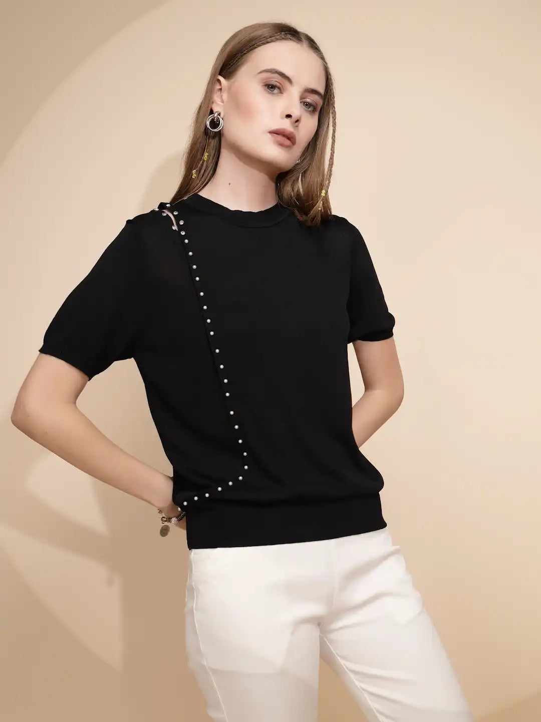 Black Solid Viscose Blend Top - Global Republic