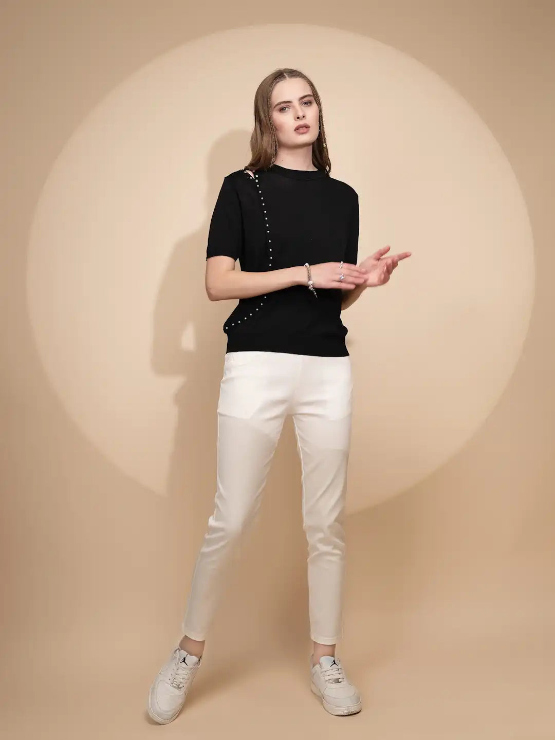 Black Cotton Blend Regular Fit Top For Women