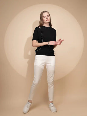 Black Cotton Blend Regular Fit Top For Women