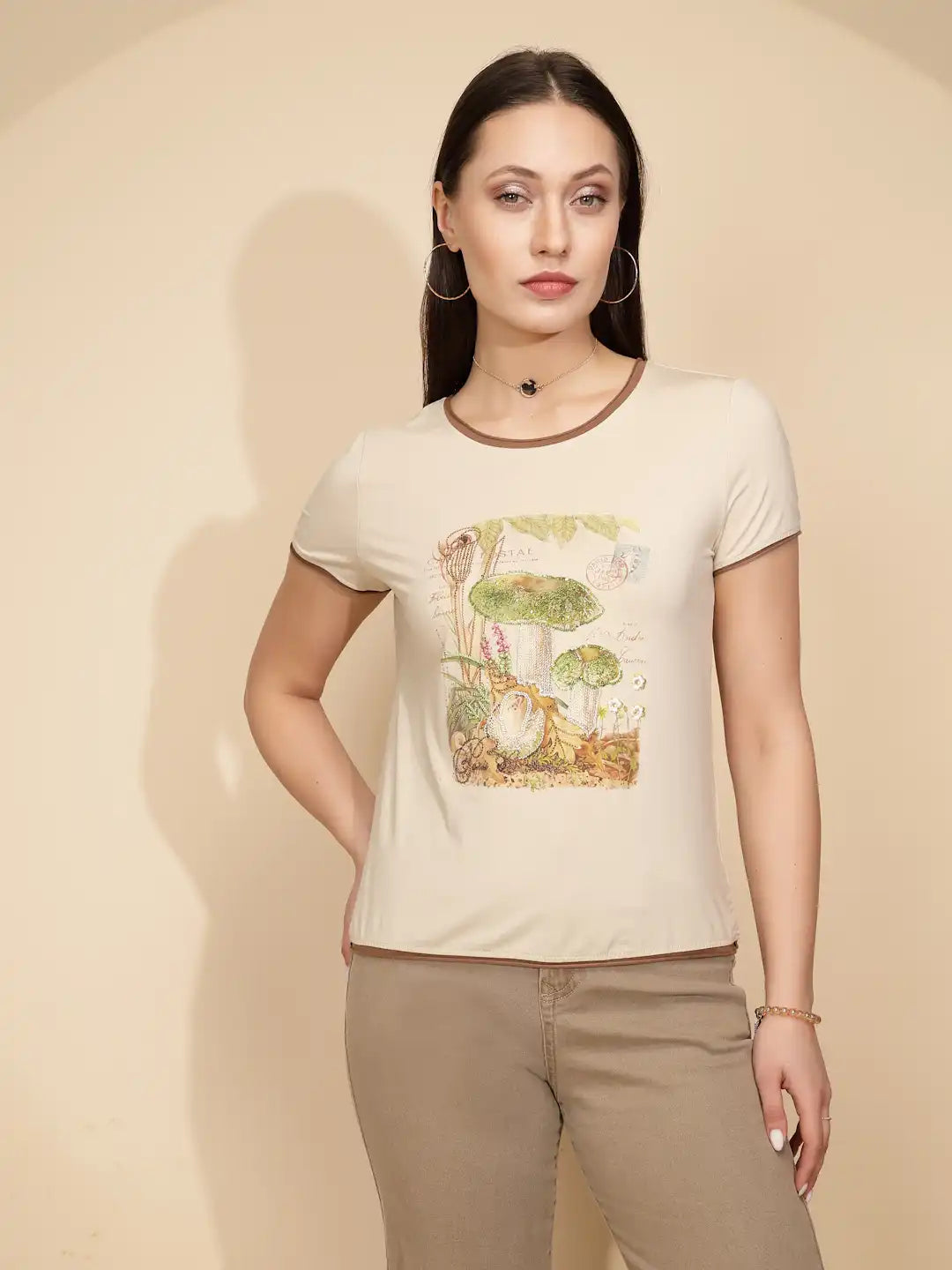 Beige Cotton Regular Fit Top For Women - Global Republic #