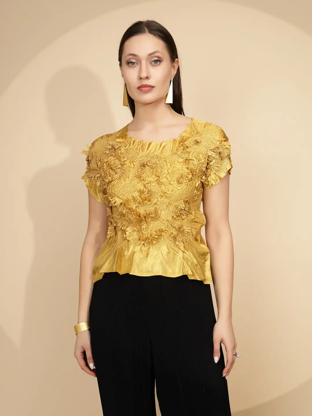 Gold  Regular Fit Blouson Top For Women - Global Republic