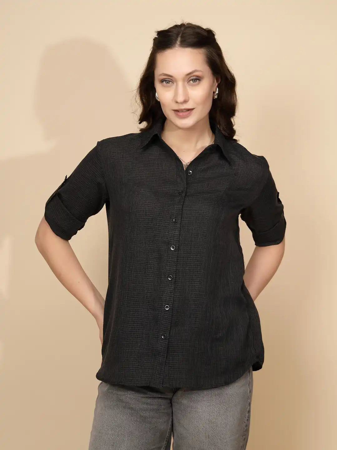 Black Polycotton Regular Fit Shirt For Women