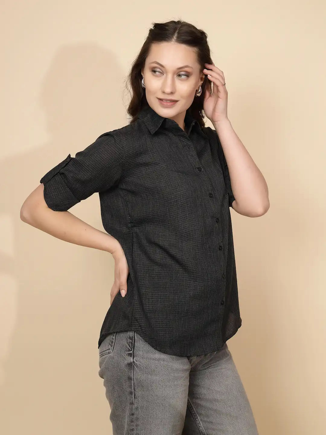 Black cotton Regular Fit Shirt For Women - Global Republic