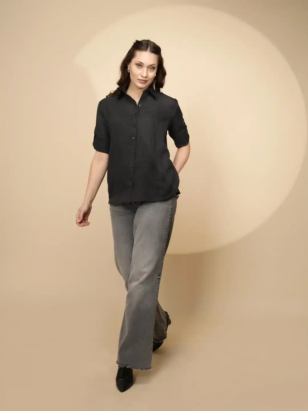 Black cotton Regular Fit Shirt For Women - Global Republic
