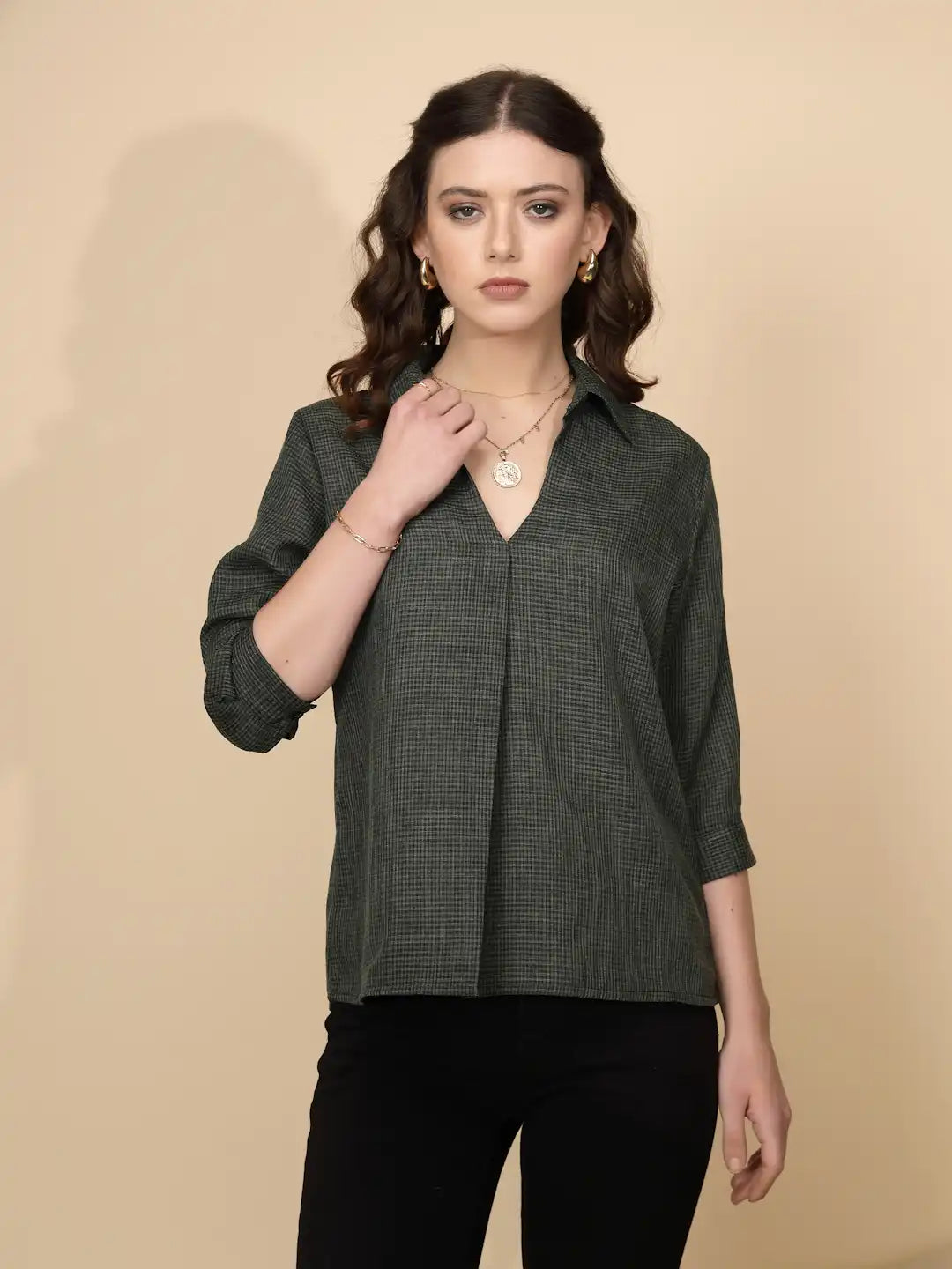 Olive Gingham Check Polycotton Top