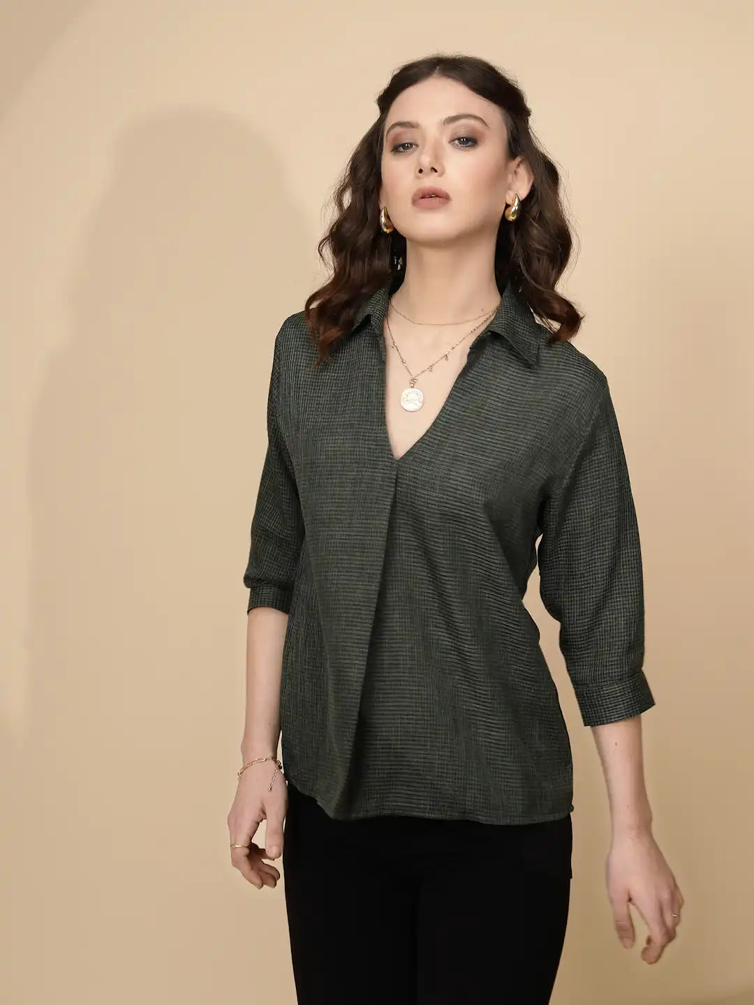 Olive Polycotton Regular Fit Blouson Top For Women