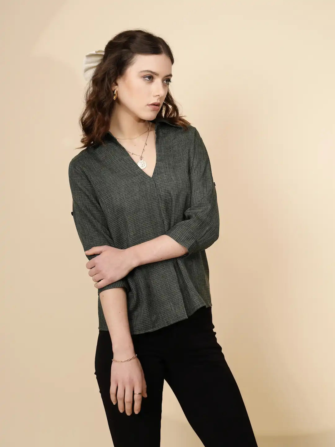 Olive Polycotton Regular Fit Blouson Top For Women