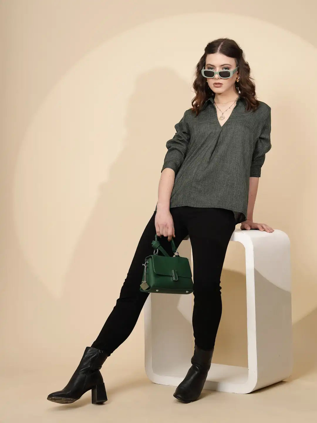 Olive Polycotton Regular Fit Blouson Top For Women