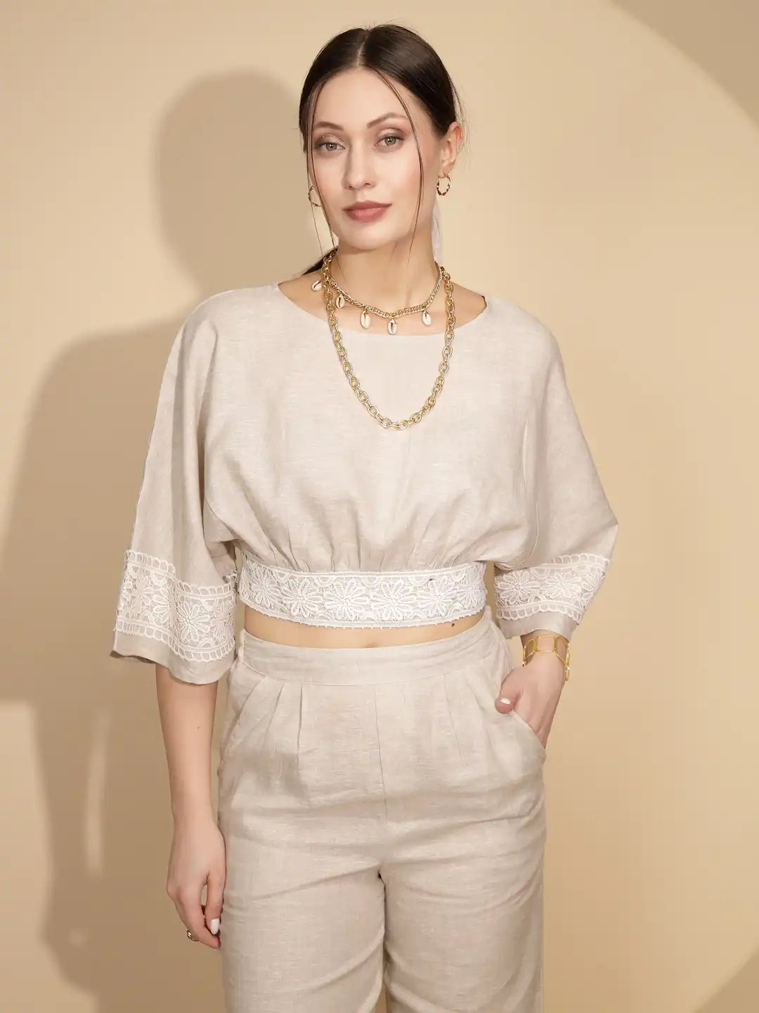 Beige Linen Regular Fit Blouson Top For Women - Global Republic