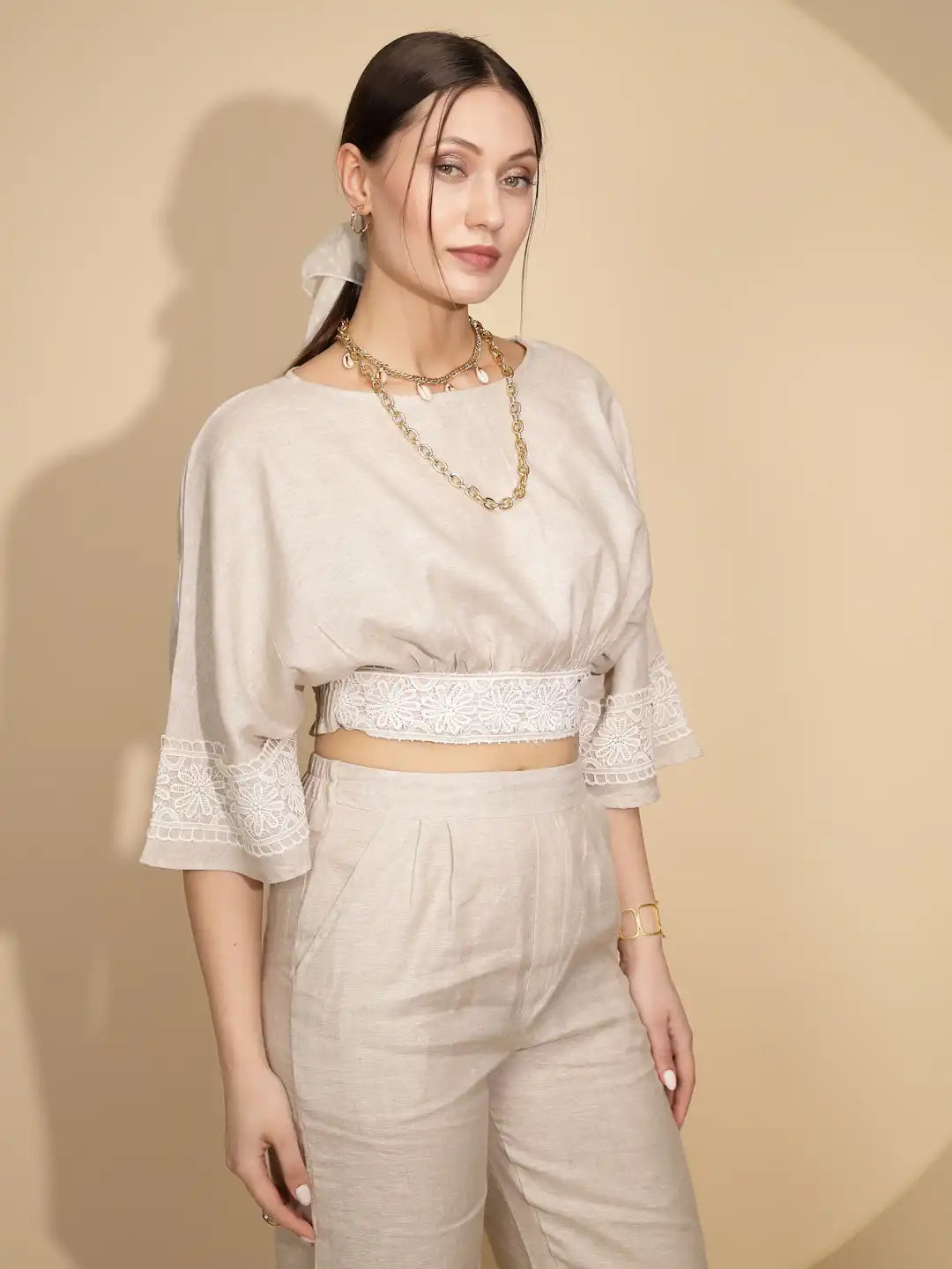 Beige Linen Regular Fit Blouson Top For Women - Global Republic