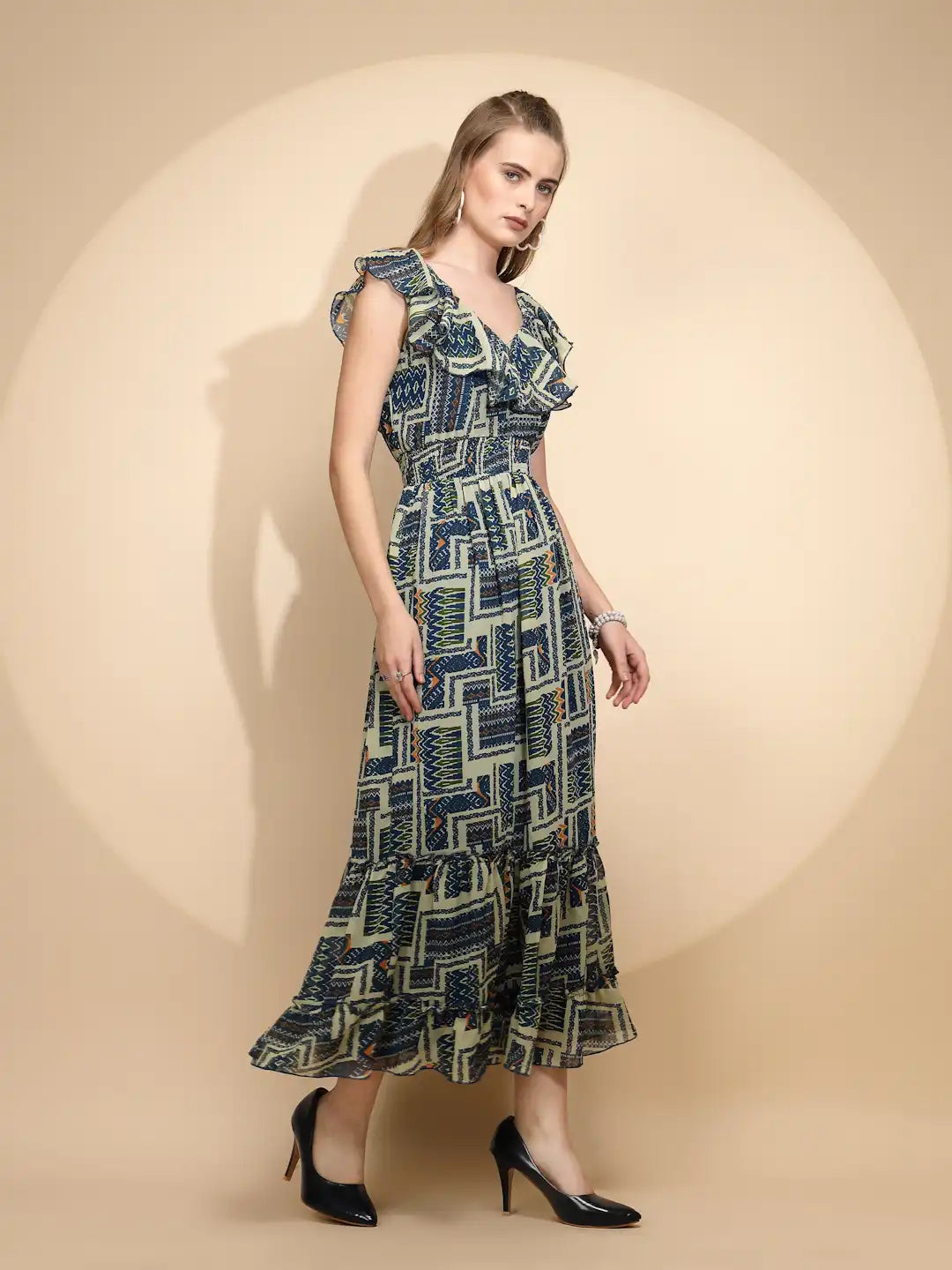 Blue And White  Regular Fit Dress For Women - Global Republic