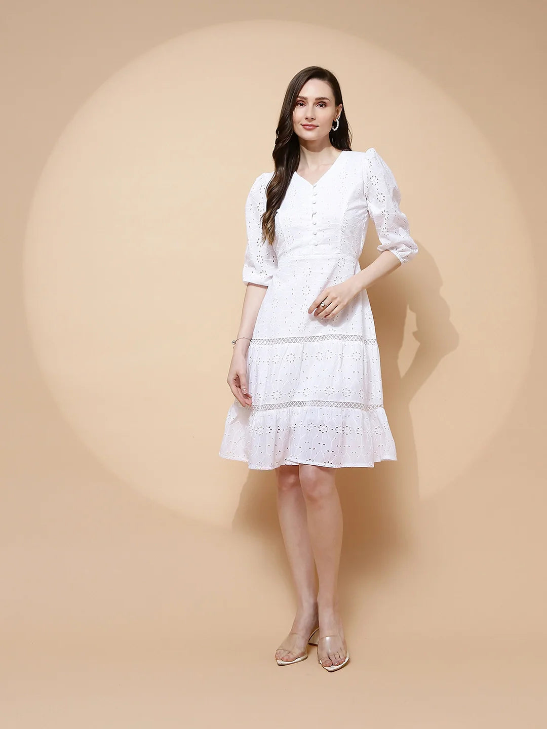 White Cotton Schiffli Flared Dress For Women - Global Republic