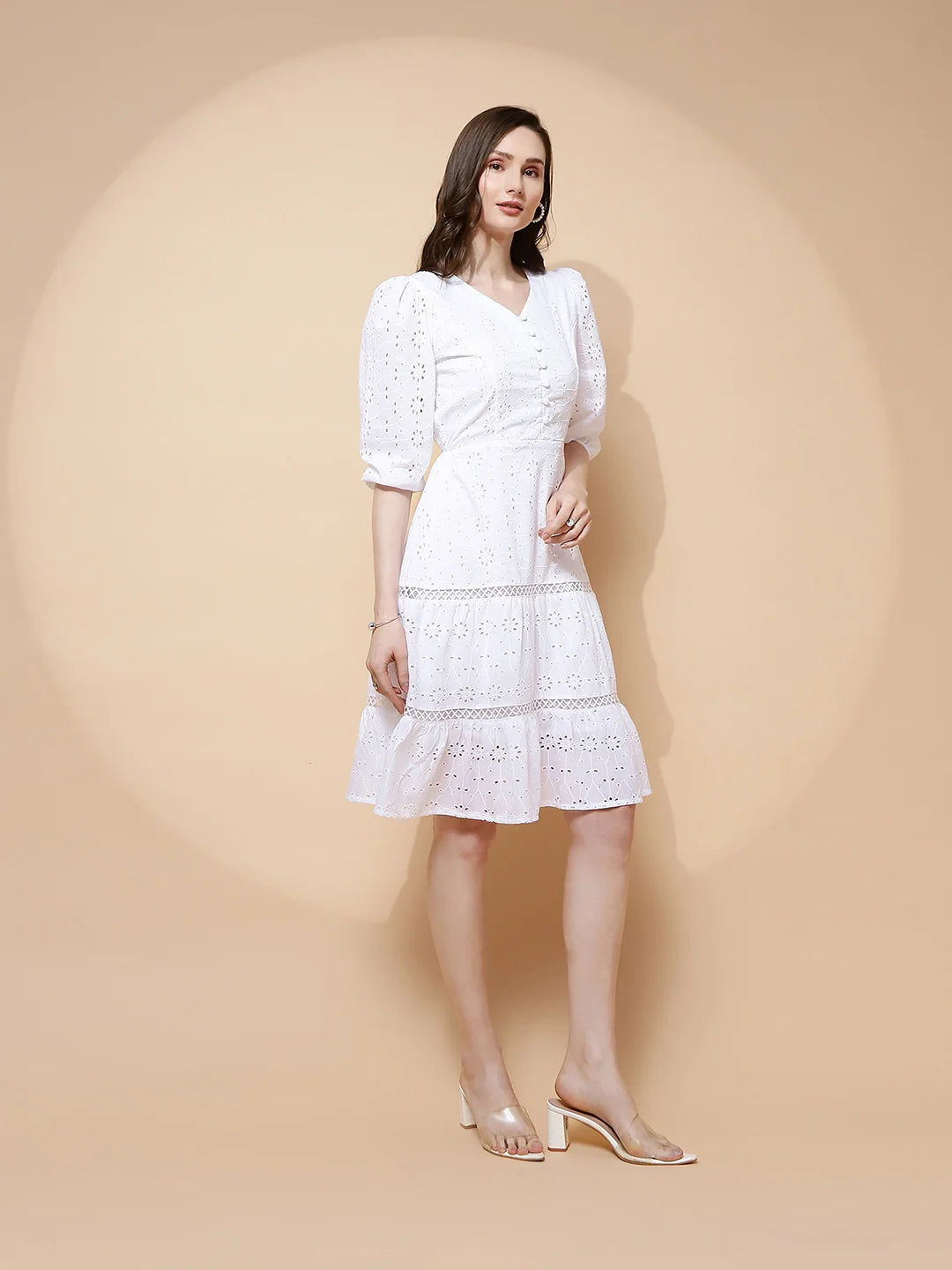 White Cotton Schiffli Flared Dress For Women - Global Republic