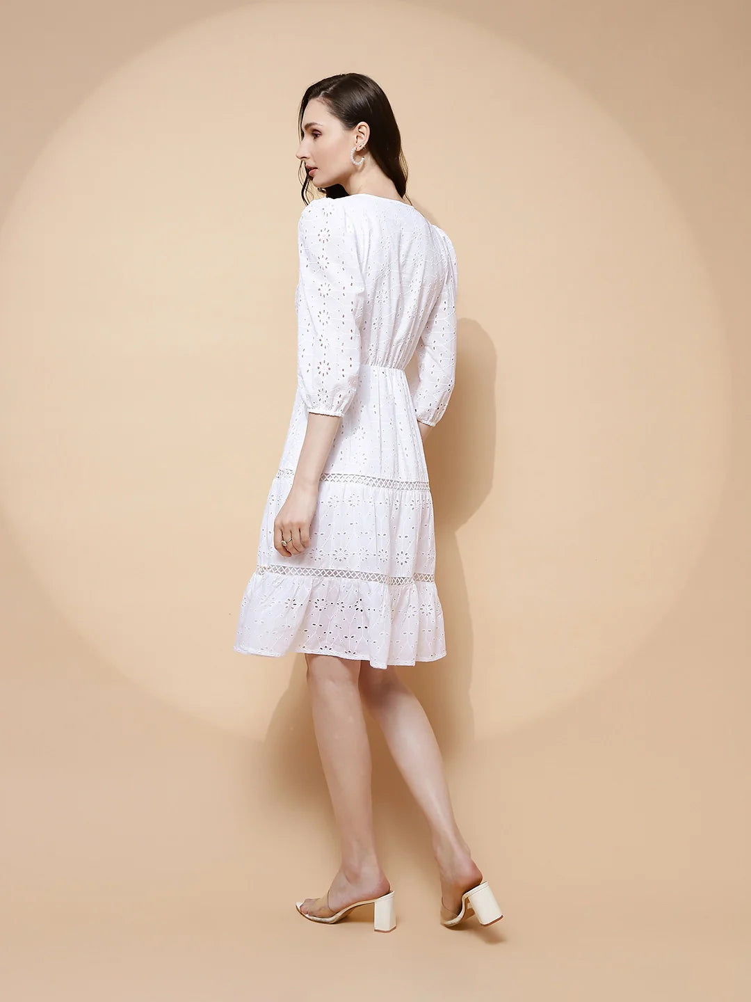 White Cotton Schiffli Flared Dress For Women - Global Republic