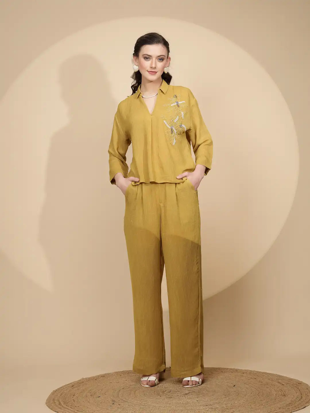 Mustard Rayon Regular Fit Co-Ord Set For Women - Global Republic