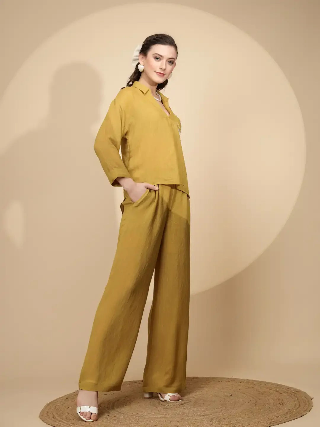 Mustard Rayon Regular Fit Co-Ord Set For Women - Global Republic