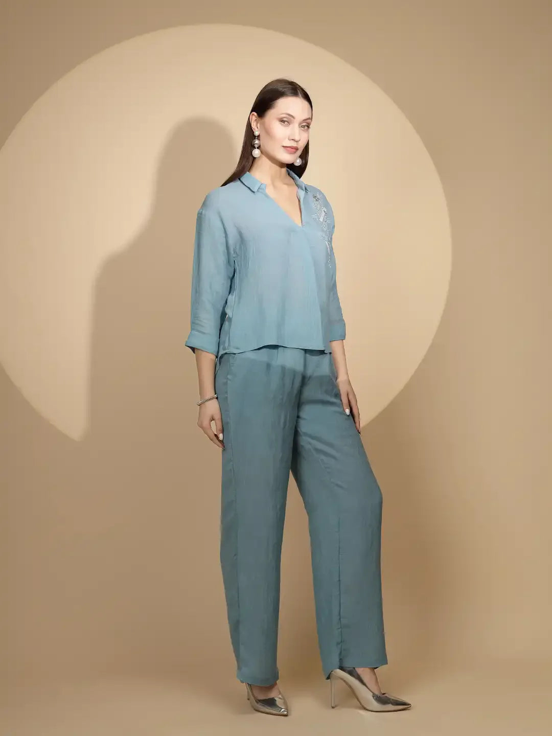Powder Blue Rayon Regular Fit Co-Ord Set For Women - Global Republic