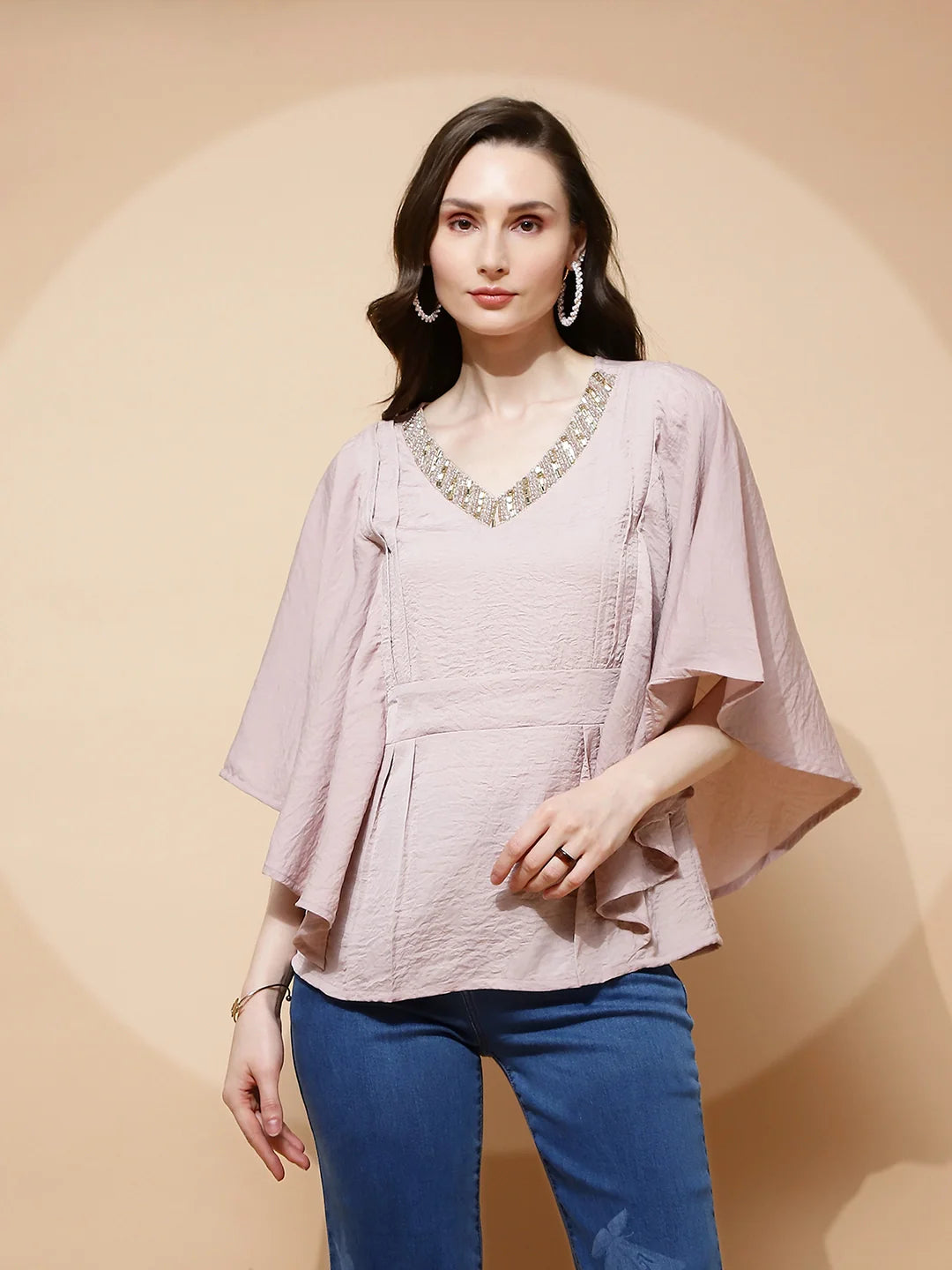 Nude Pink Polyester Blend Regular Fit Blouse For Women