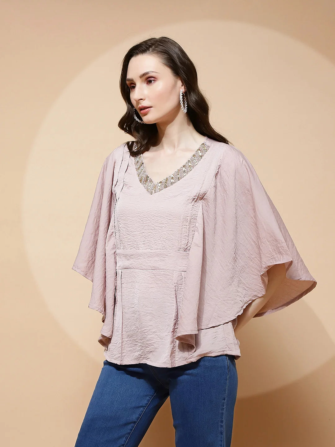 Nude Pink Polyester Blend Regular Fit Blouse For Women
