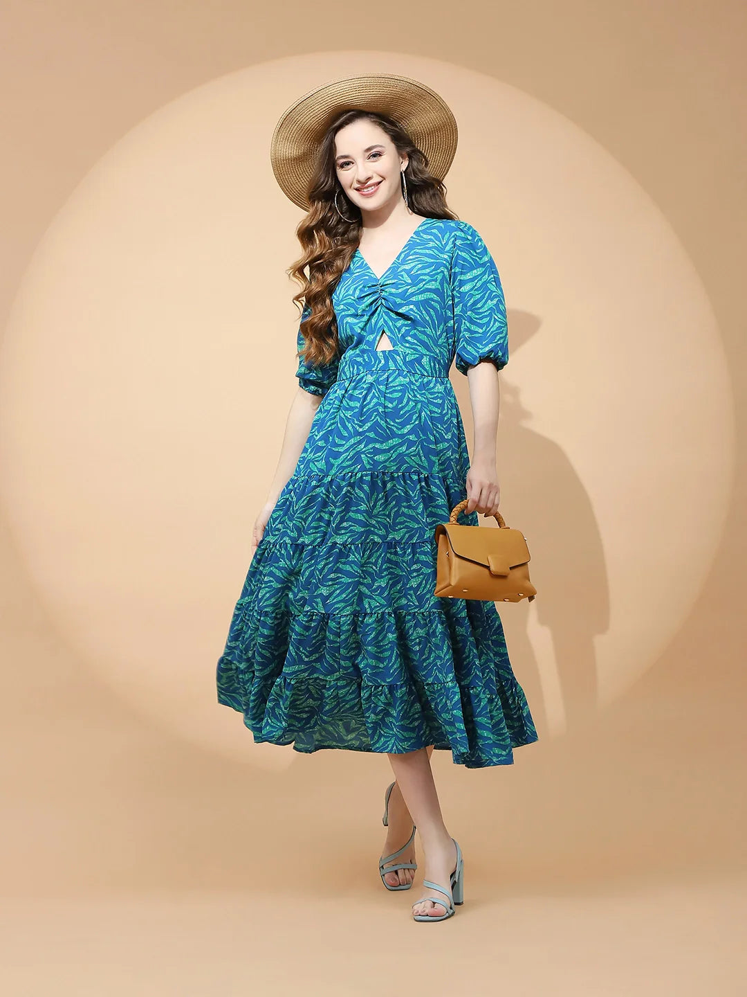 Blue And Green Polyester Blend Fit & Flare Dress For Women - Global Republic #
