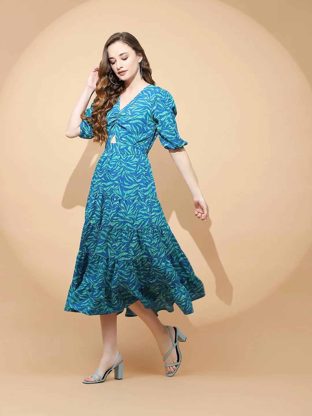 Blue And Green Polyester Blend Fit & Flare Dress For Women - Global Republic #