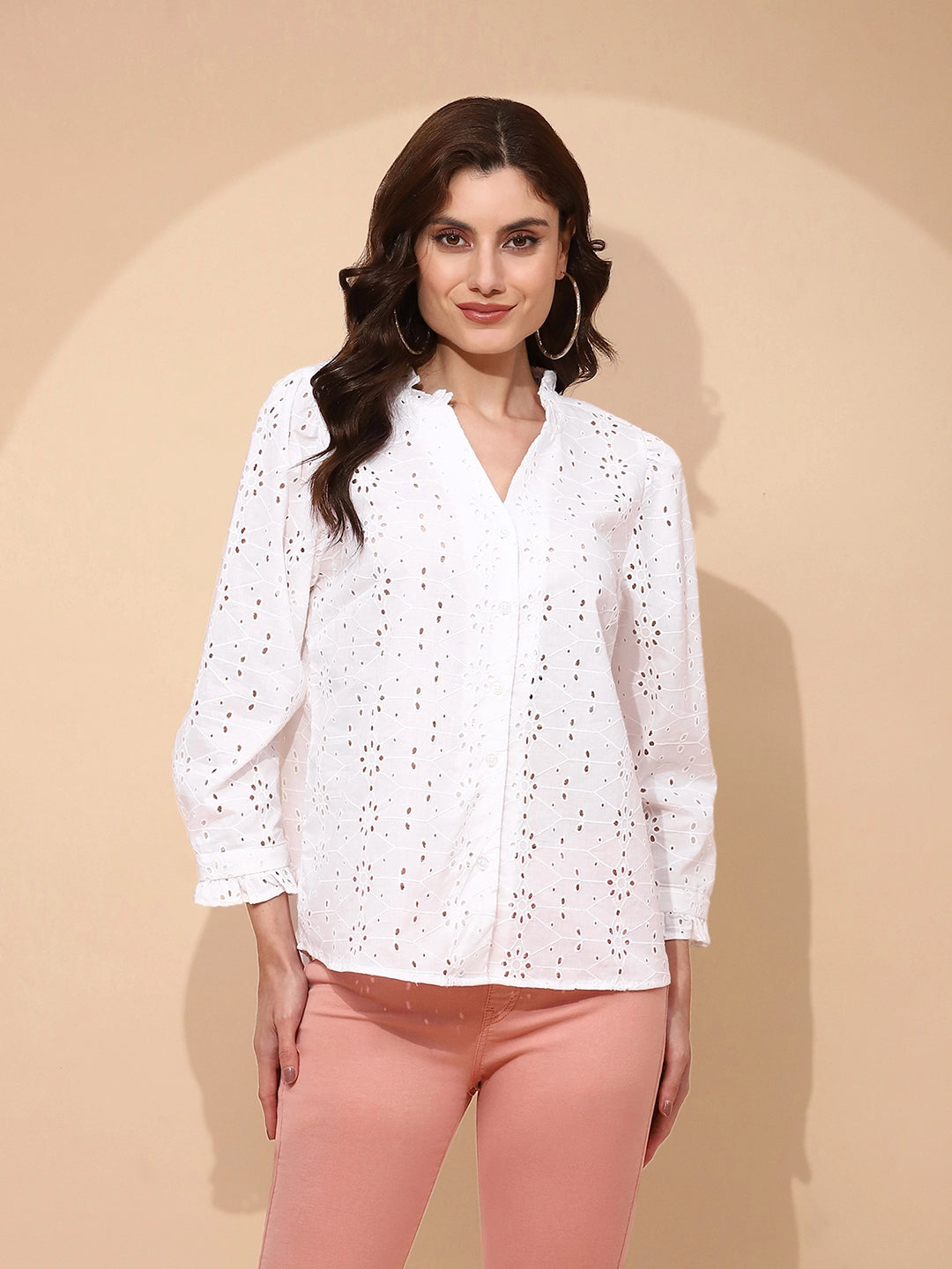 White Cotton Regular Fit Schiffli Shirt - Global Republic