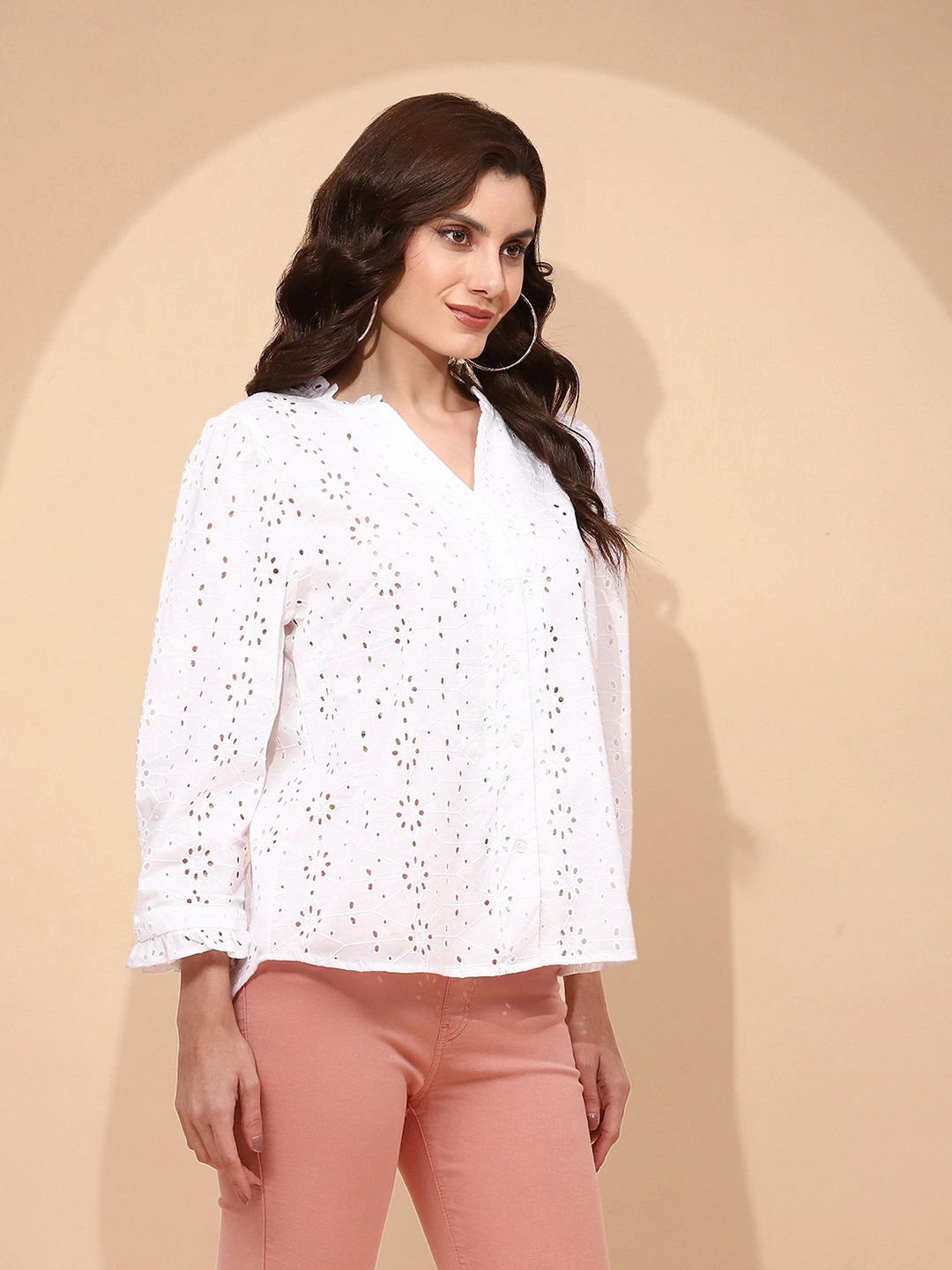 White Cotton Regular Fit Schiffli Shirt - Global Republic