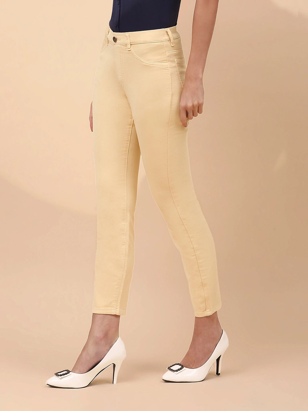 Light Yellow Cotton Blend Slim Fit Jegging For Women