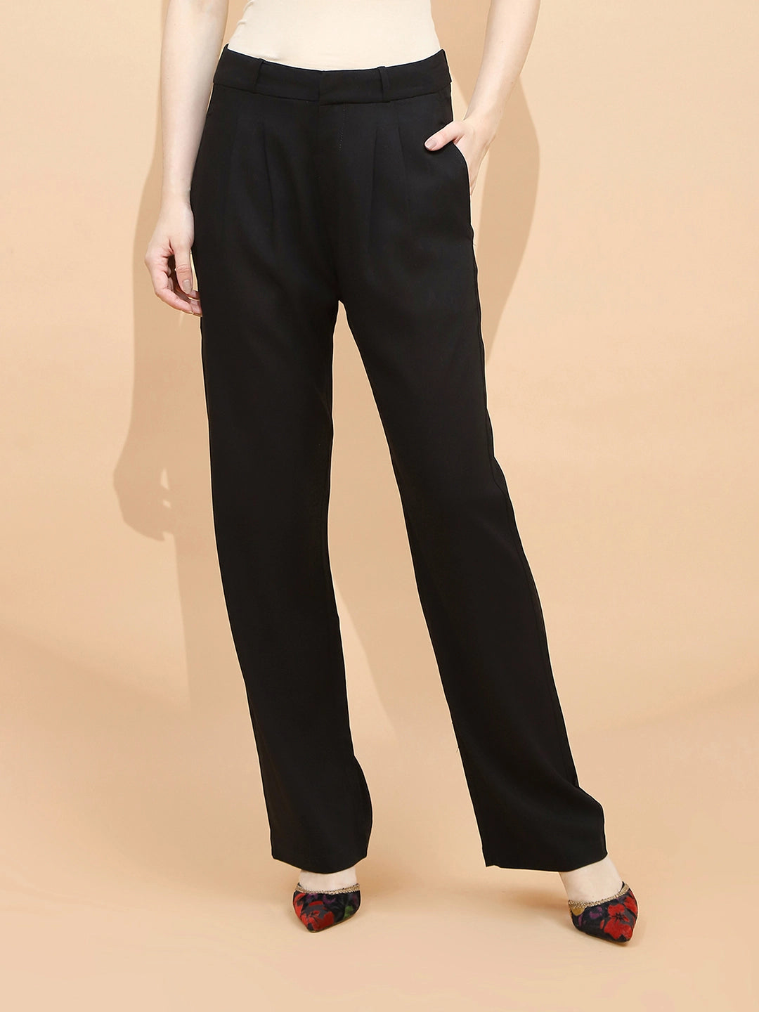 Black Cotton Blend Regular Fit Trouser For Women