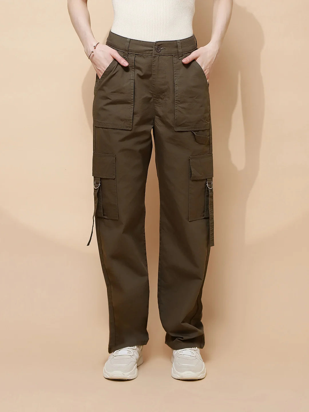 Olive Cotton Regular Fit Cargo For Women