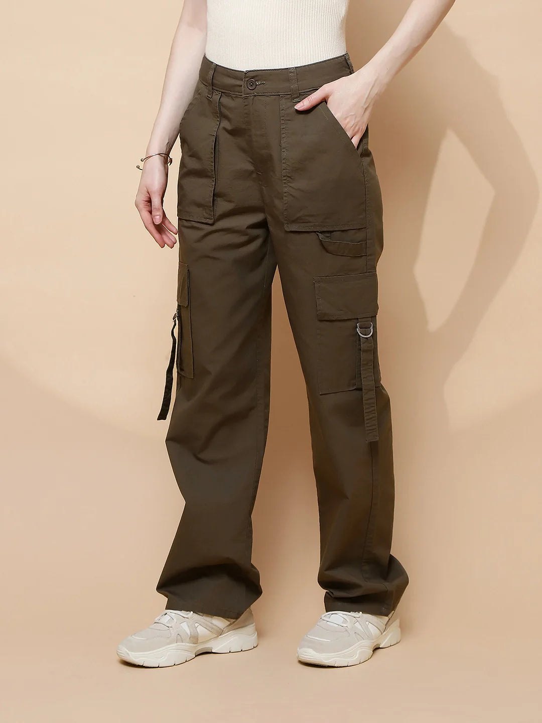 Olive Cotton Straight Relaxed Fit Cargo For Women