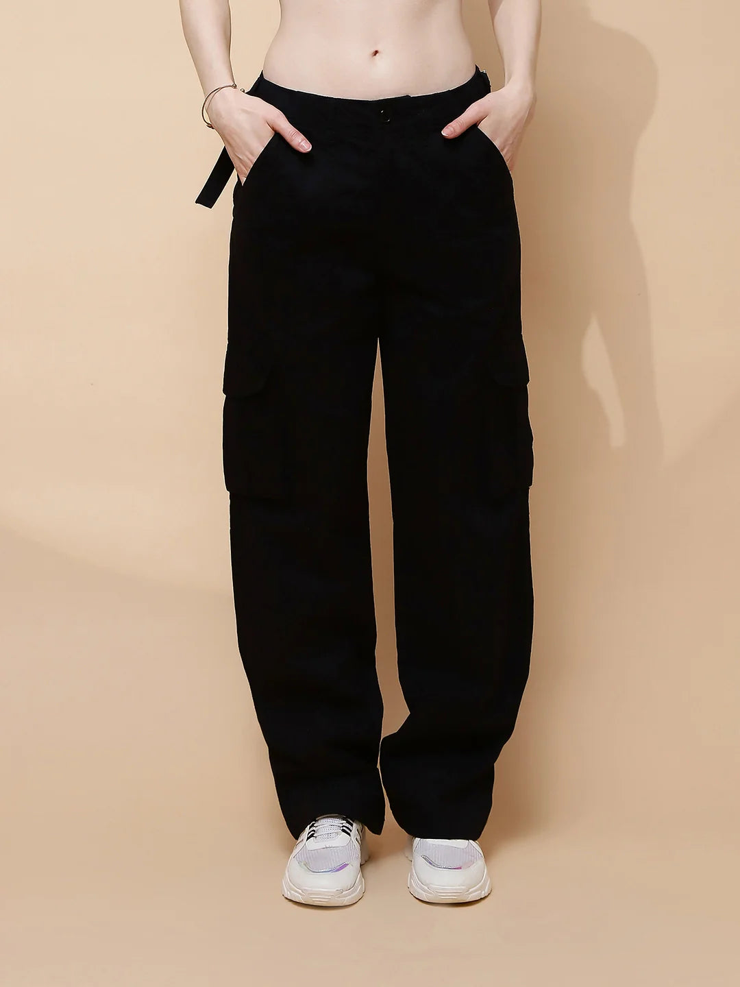 Black Cotton Regular Fit Cargo For Women