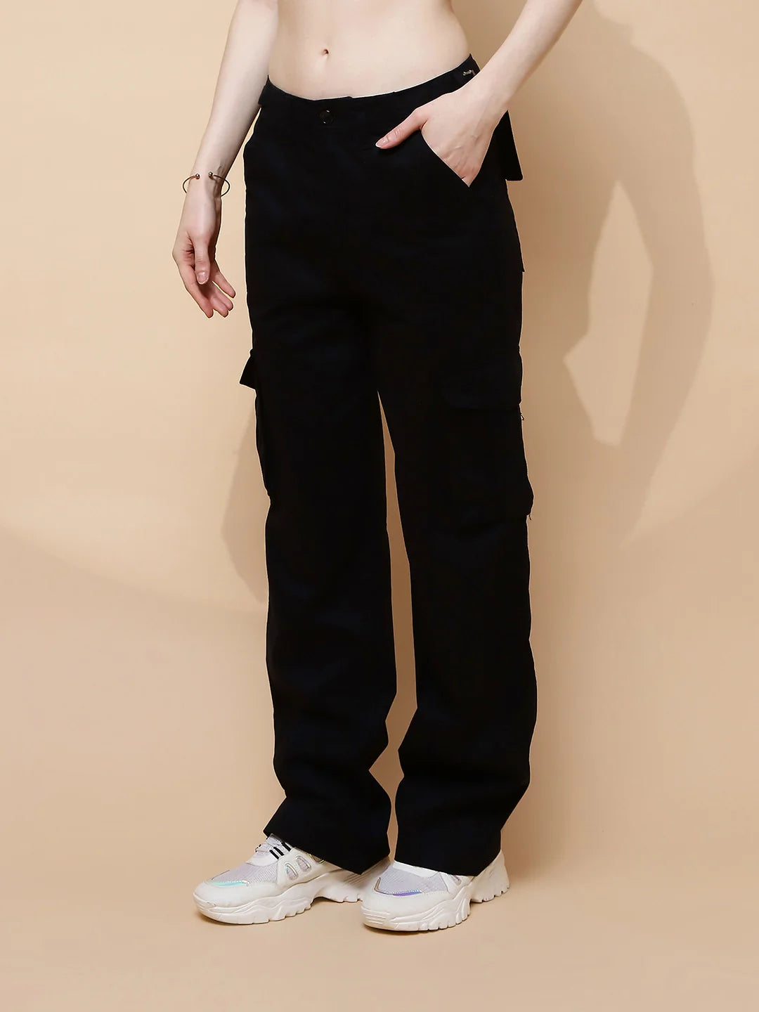 Black Cotton Regular Fit Cargo For Women