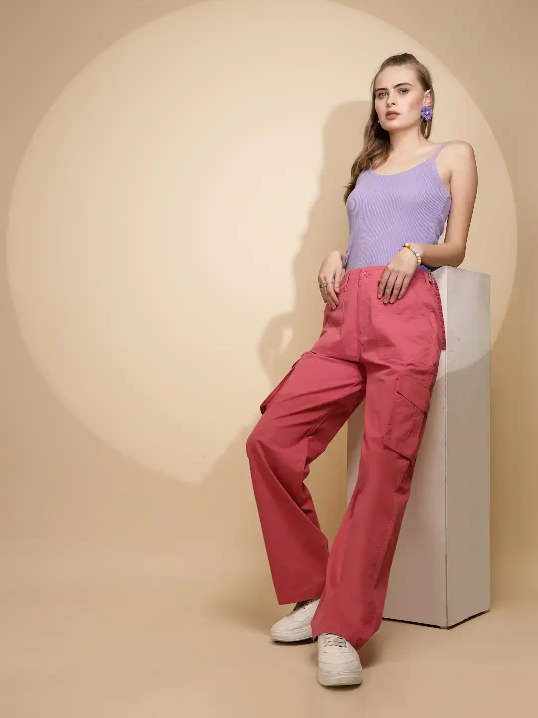 Peach Cotton Straight Relaxed Fit Cargo For Women - Global Republic