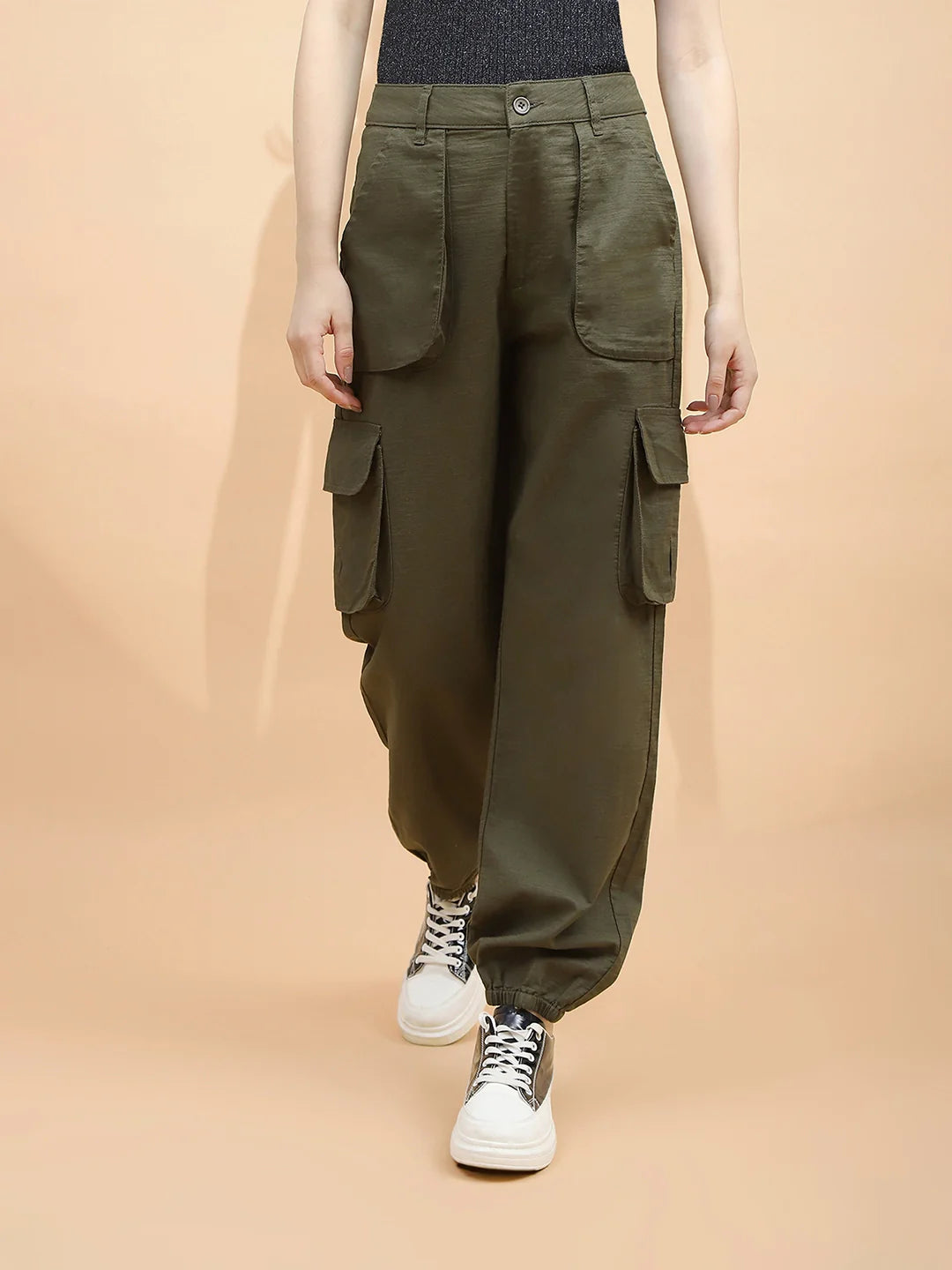 Dark Olive Cotton Loose Fit Jogger For Women - Global Republic #