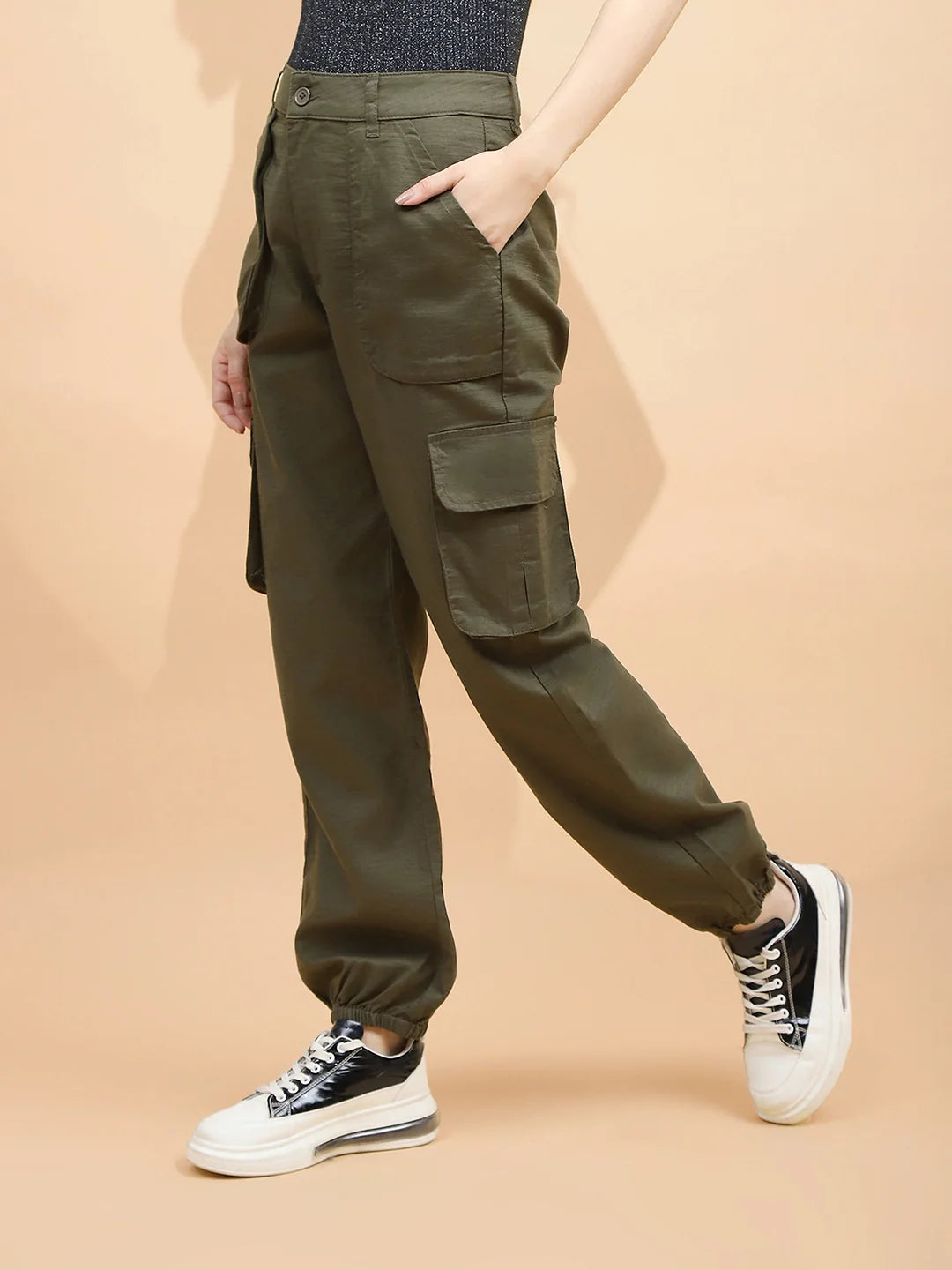 Dark Olive Cotton Loose Fit Jogger For Women - Global Republic #