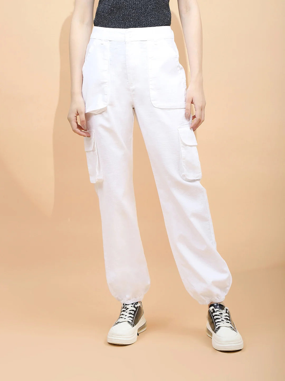 White Cotton Loose Fit Jogger For Women