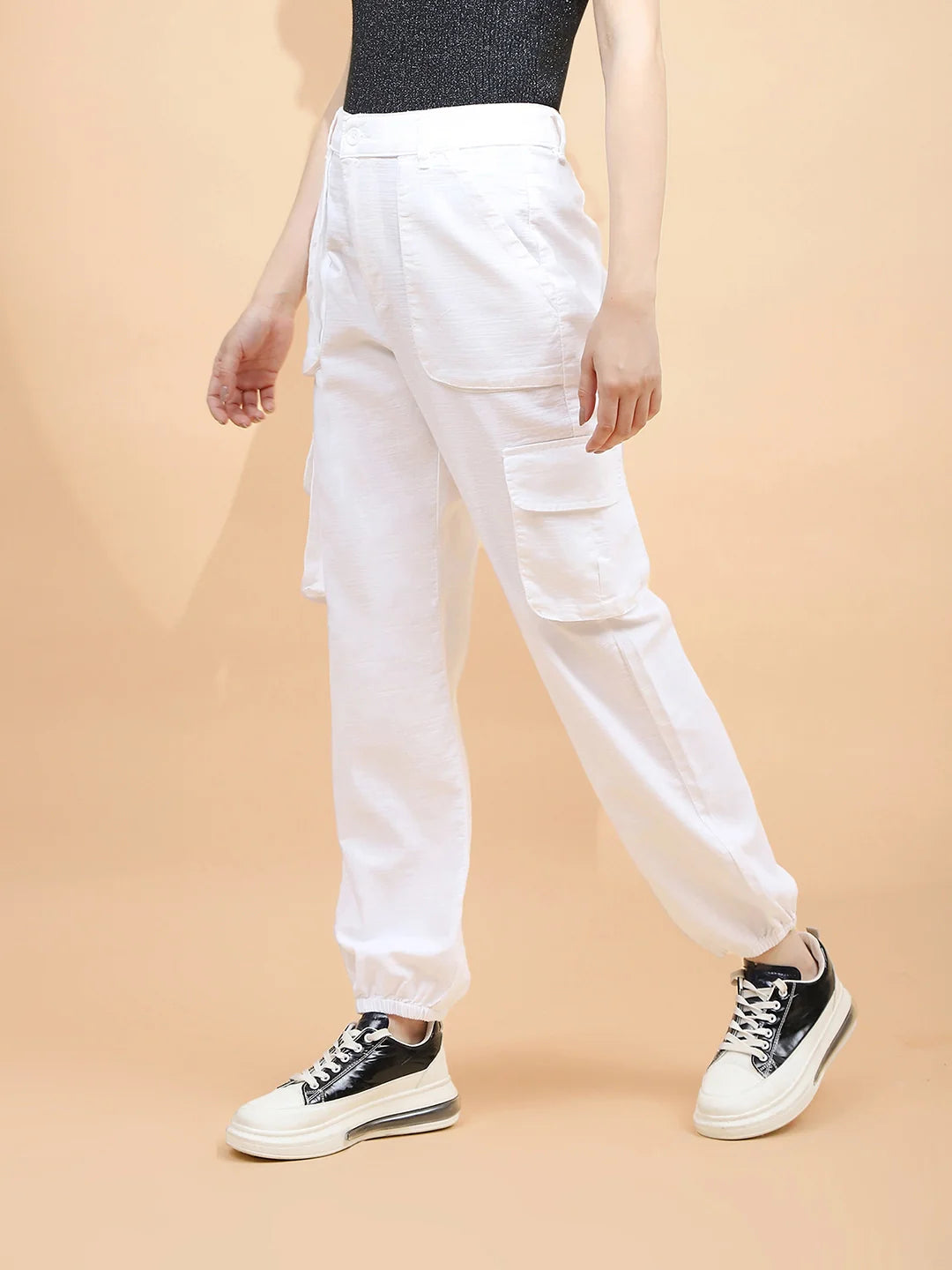 White Cotton Loose Fit Jogger For Women