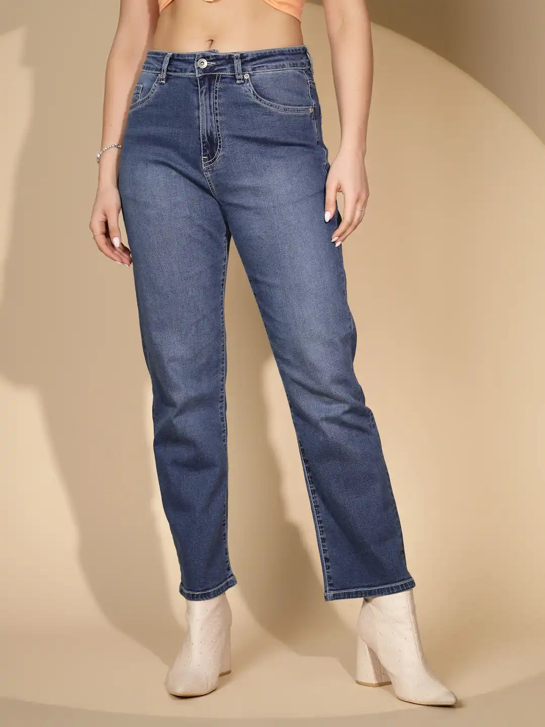 Blue Cotton Blend Straight Relaxed Fit Jeans For Women
