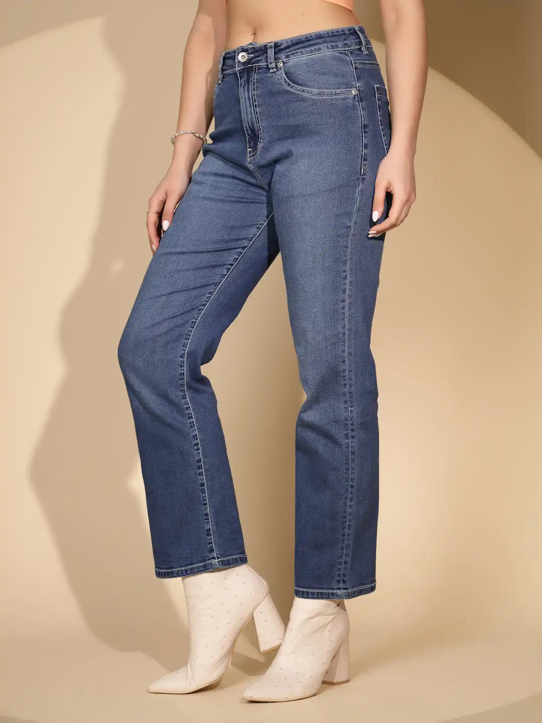 Blue Cotton Blend Straight Relaxed Fit Jeans For Women