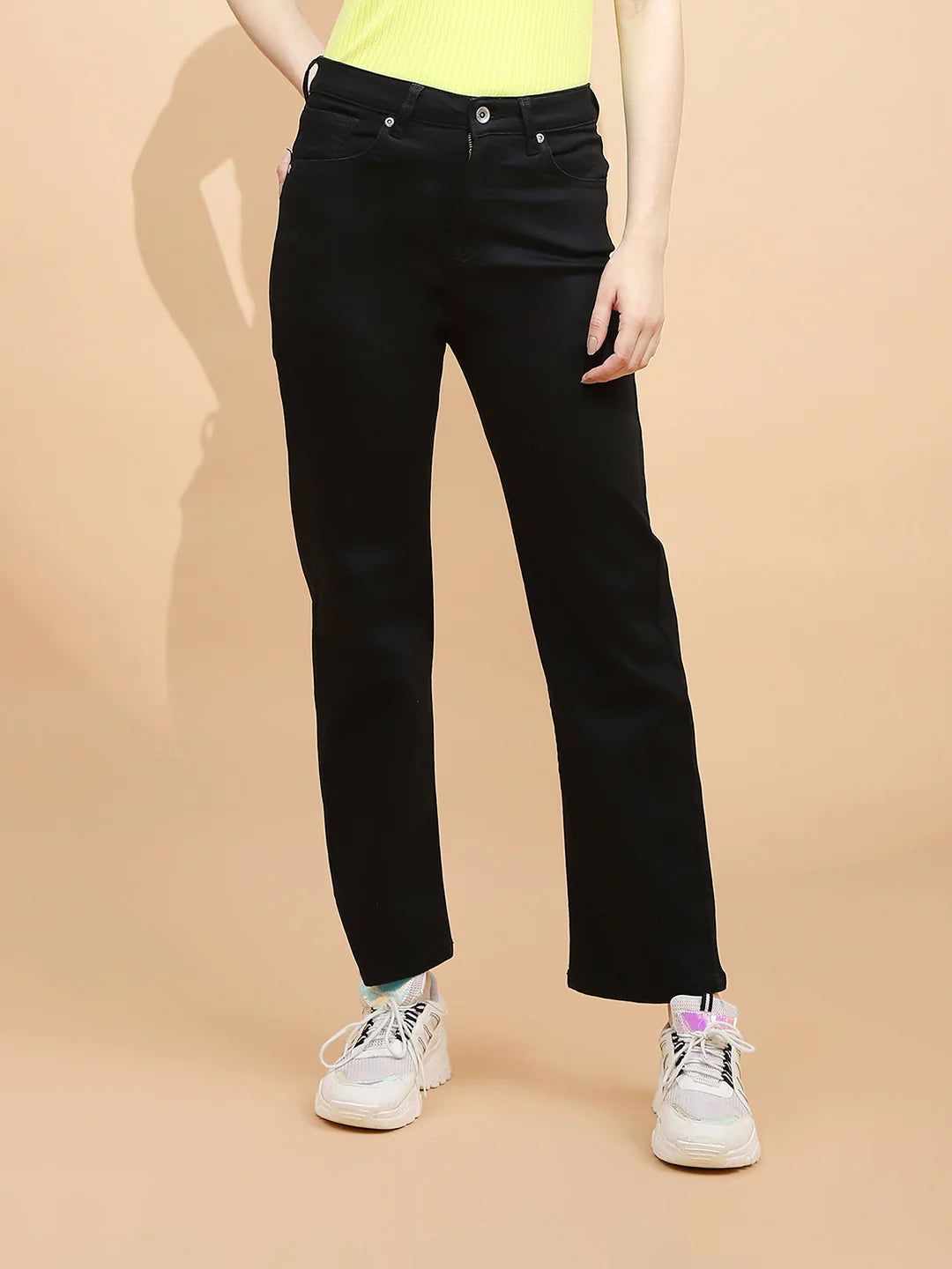 Black Cotton Blend Regular Fit Trouser For Women