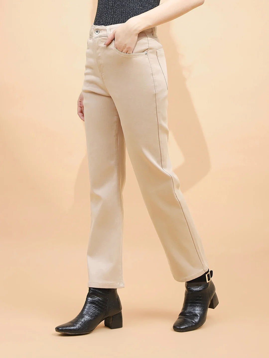 Fawn Cotton Blend Regular Fit Trouser For Women