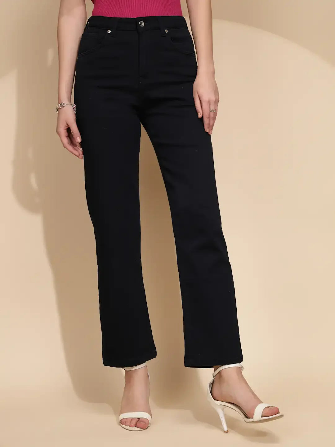 Navy Blue Cotton Blend Regular Fit Trouser For Women