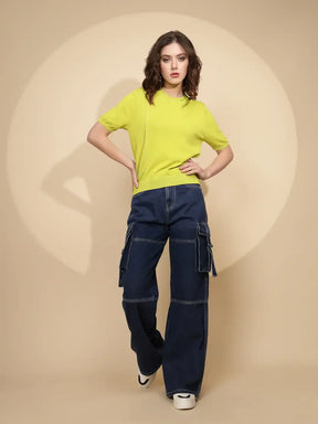 Blue Cotton Loose Fit Cargo For Women